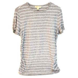 MIchael Kors Tee T-Shirt Top Gray White Striped Womens Sz L Ruched Sides Zipper